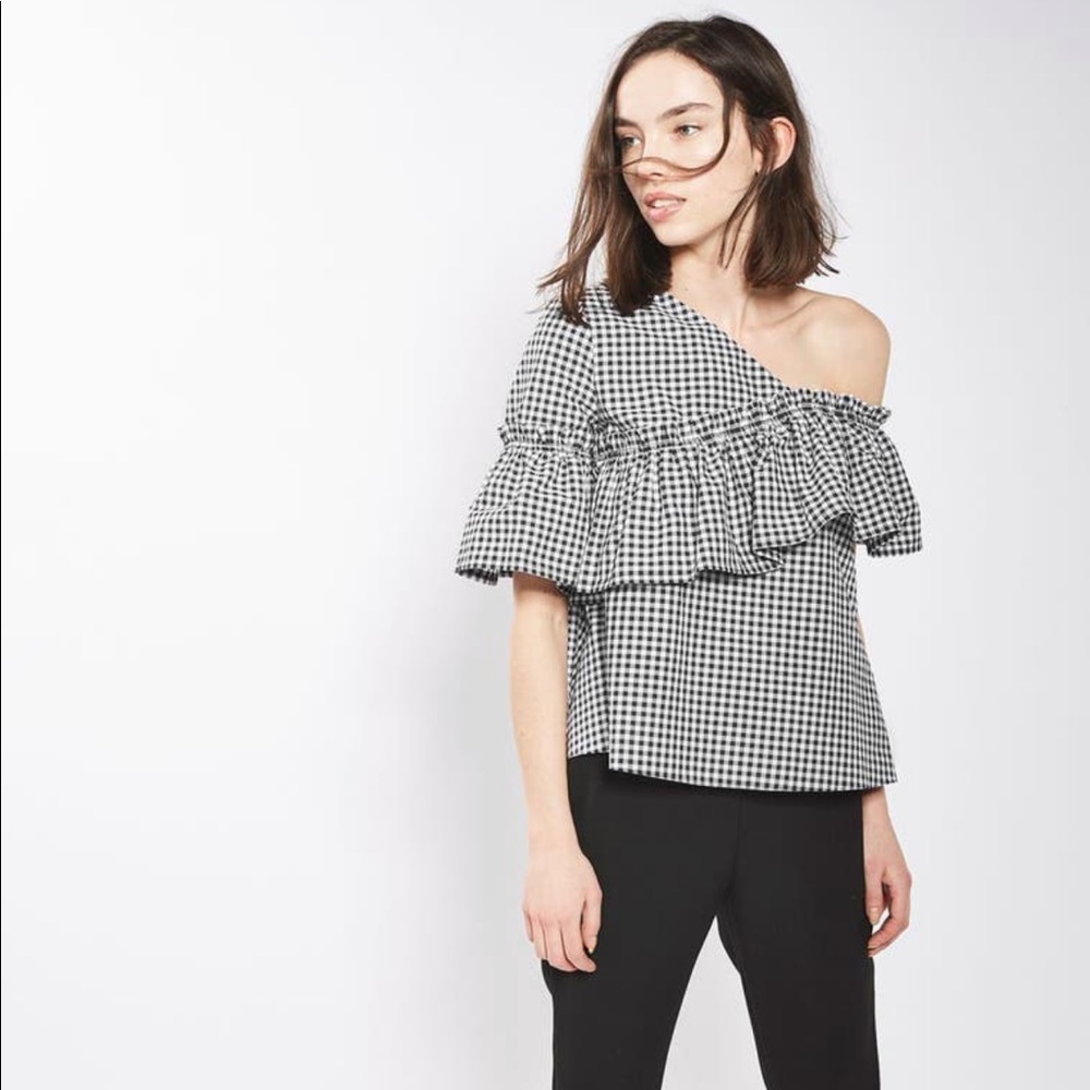 TOPSHOP Gingham Ruffle Asymmetrical Top - Picture 2 of 8